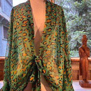 Free People Green Leopard Print Sheer Top- One SIze